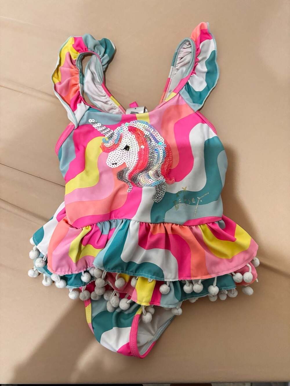 Betsey Johnson Unicorn Swimsuit Size 5 Multicolored Pom Pom Ruffle